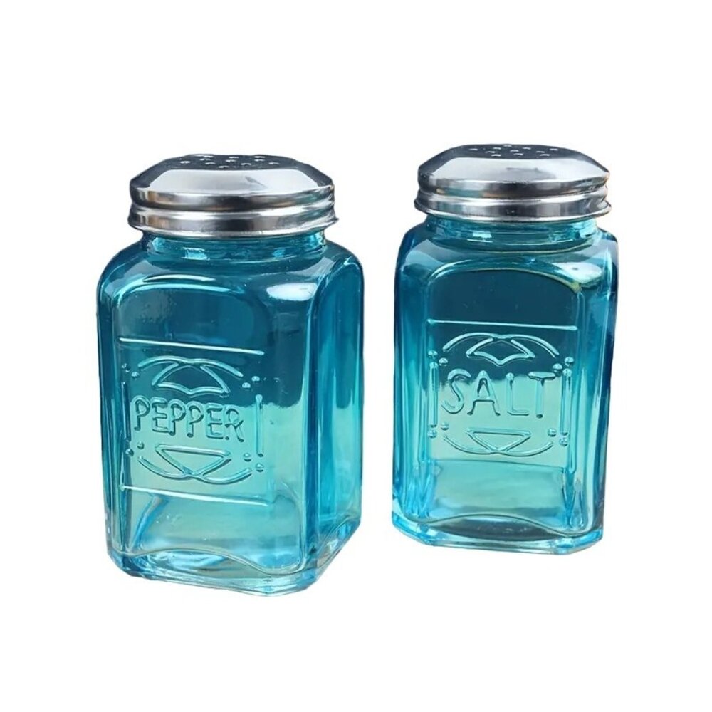 Vintage-Style Blue Glass Salt Pepper Shakers 2pc 4.25-inch Stainless Steel Lids